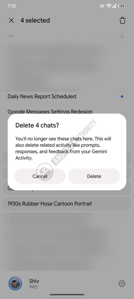 Gemini pode excluir conversas em massa no Android 7 Tela do Gemini mostra seleção de conversas para exclusão em massa no Android