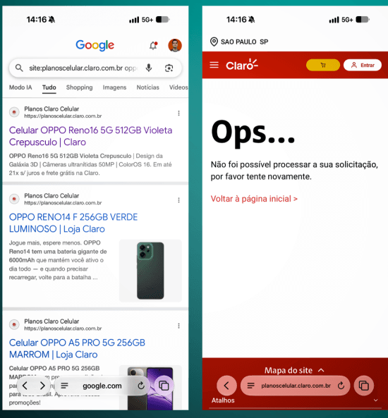 Claro suspende vendas da Oppo: Página de celular Oppo indisponível no site da Claro