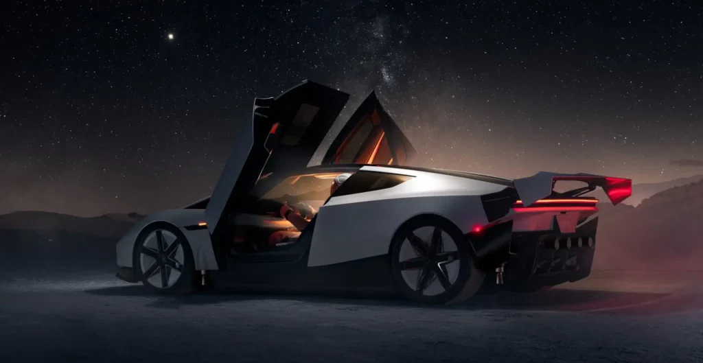 Novo Tesla Roadster com portas abertas e design esportivo